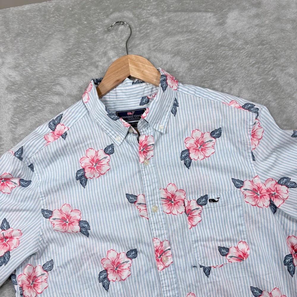 Vineyard Vines Button Down Mens Large Blue Pink Floral Stripe Short Sleeve Shirt